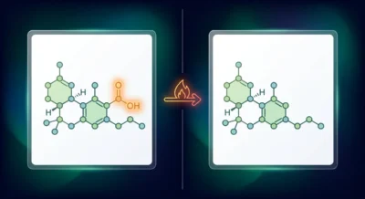 Zwei Cannabinoid-Moleküle nebeneinander: THCA mit Carboxylgruppe und THC ohne, verbunden durch Hitzepfeil