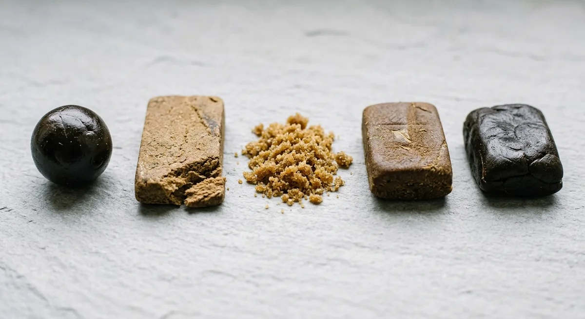 Fuenf verschiedene Haschisch-Sorten im Vergleich: Charas, marokkanisches Hasch, Bubble Hash, libanesisches und afghanisches Hasch