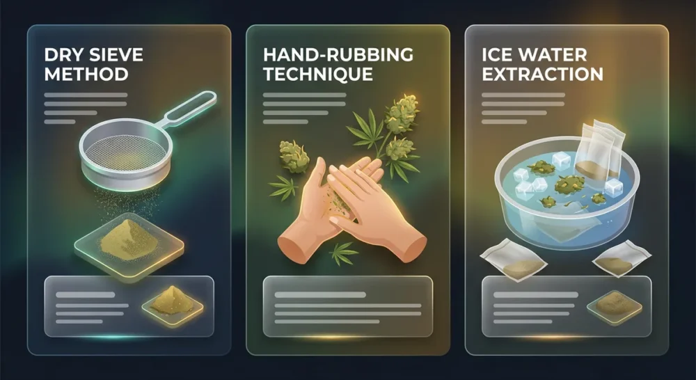 Illustration der drei Haschisch-Herstellungsmethoden: Trockensiebung, Handreiben und Eiswasser-Extraktion