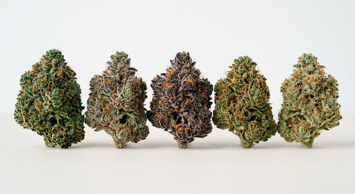 Verschiedene Cannabisblüten nebeneinander mit grünen, violetten und orangefarbenen Farbtönen