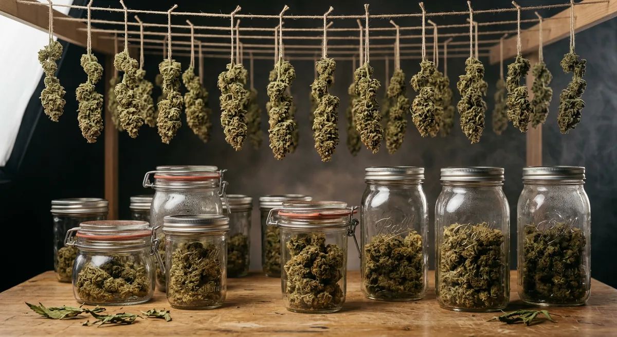 Geerntete Cannabisblüten hängen kopfüber auf einem Trocknungsgestell, daneben verschlossene Einmachgläser zum Curing