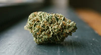 Cannabis-Bluete mit sichtbaren Trichomen in Nahaufnahme unter weichem Licht