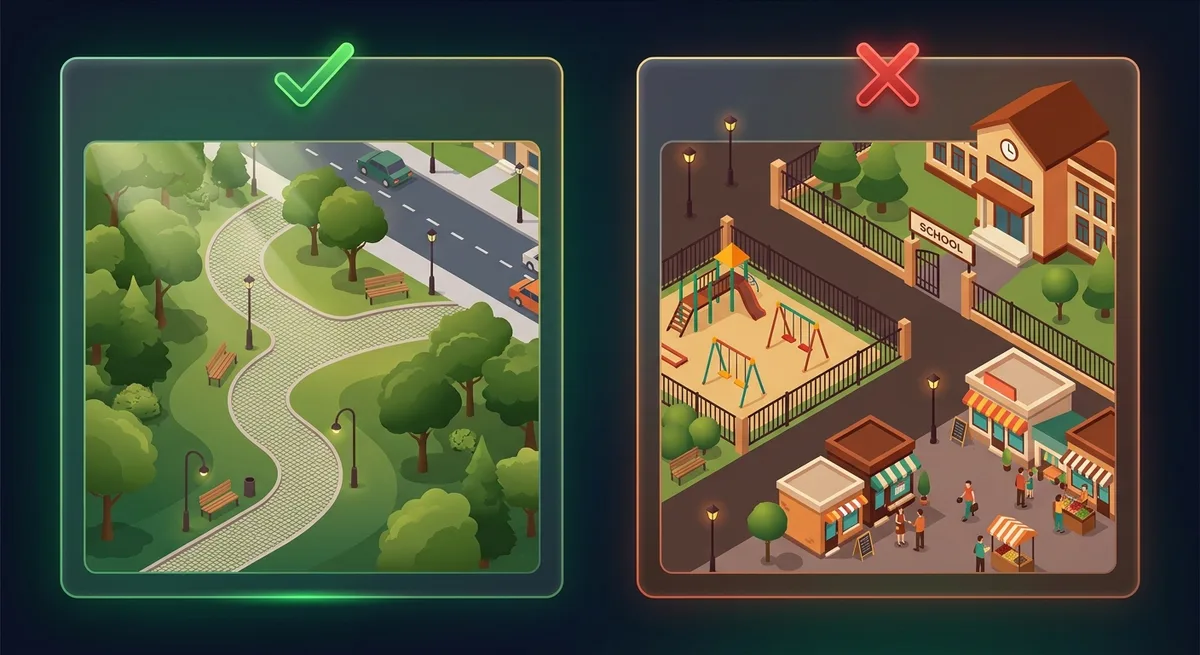 Zweigeteilte Illustration: grüne Zone mit Park und Straße links, rote Verbotszone mit Schule und Spielplatz rechts