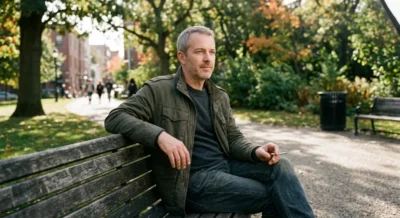 Erwachsener Mann sitzt entspannt auf einer Parkbank mit einem Joint in einer grünen Stadtanlage