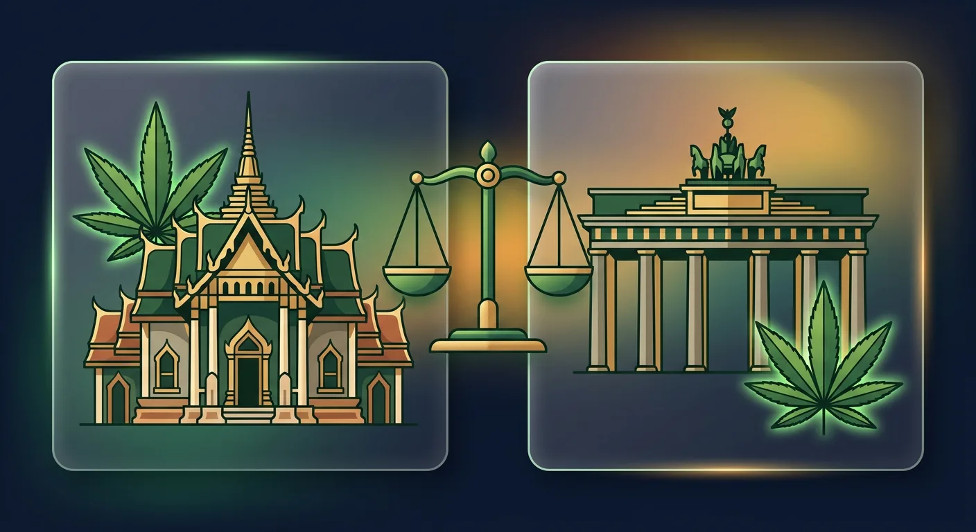 Zweigeteilte Illustration mit Tempel-Silhouette links und Brandenburger Tor rechts, verbunden durch eine Waage