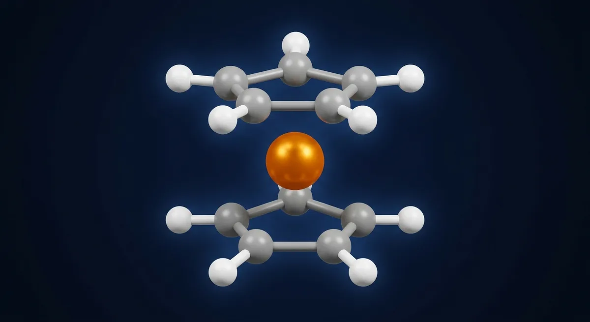 3D-Modell einer Ferrocen-Einheit: zwei Cyclopentadienyl-Ringe mit Eisenatom in der Mitte
