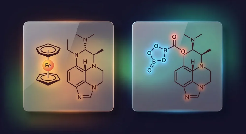 Zwei LSD-Derivate im molekularen Vergleich: Ferrocen-Gruppe links, Boronat-Ester rechts