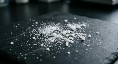 Weißes kristallines Pulver auf dunkler Oberfläche – synthetisches Cathinon unter Laborbedingungen