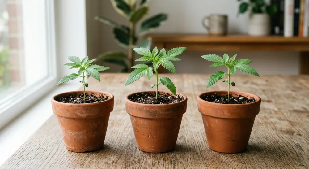 Drei kleine Cannabispflanzen in Tontöpfen nebeneinander auf einem Holztisch