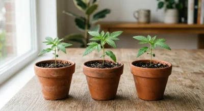 Drei kleine Cannabispflanzen in Tontöpfen nebeneinander auf einem Holztisch