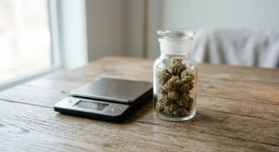 Kleines Glasgefäß mit getrocknetem Cannabis neben einer Küchenwaage auf einem Holztisch