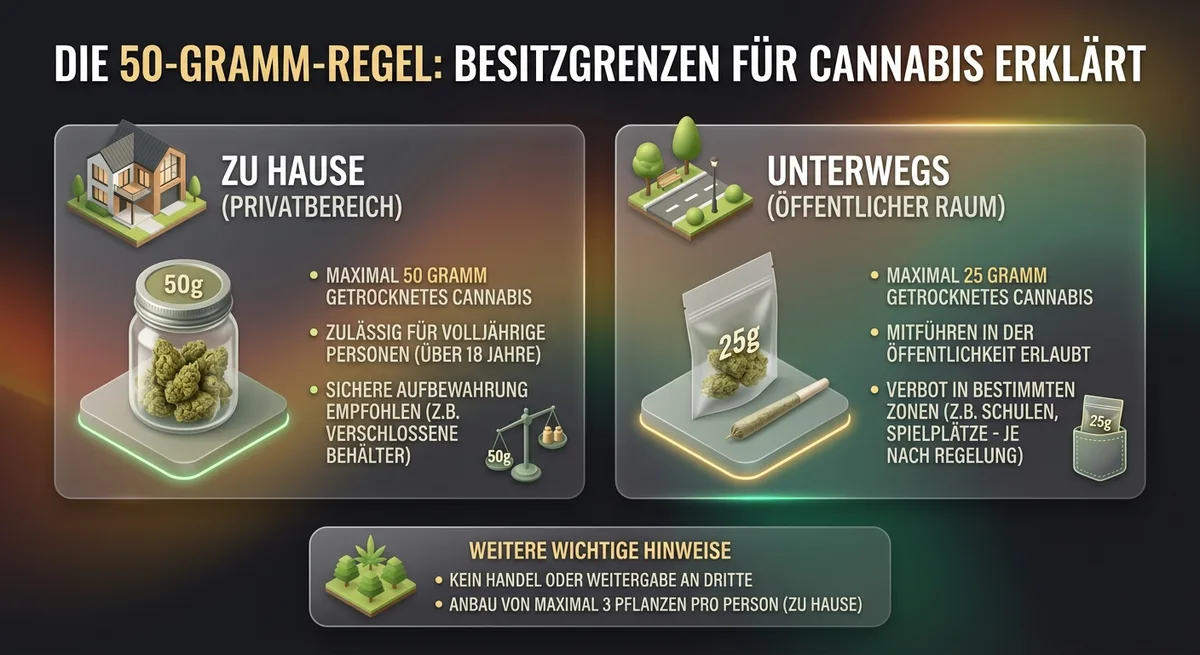 Illustration zeigt zwei Szenen: Cannabisvorrat zuhause und kleinere Menge beim Ausgehen