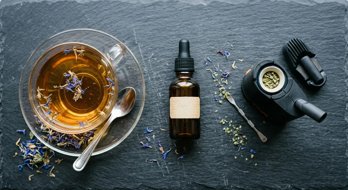 Drei Konsummethoden für Blauen Lotus nebeneinander: Tee, Tinktur und Vaporizer auf Schieferplatte