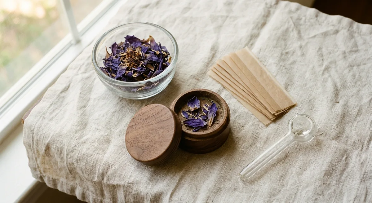 Utensilien zum Rauchen von Blauem Lotus: getrocknete Blütenblätter, Grinder, Longpapers und Glaspfeife