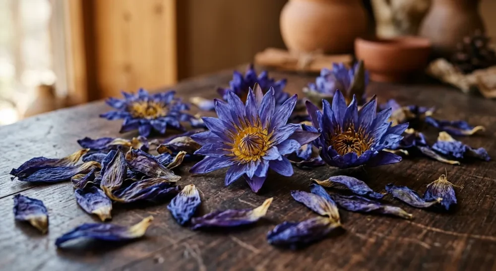 Getrocknete blaue Lotusblüten von Nymphaea caerulea auf dunklem Holz
