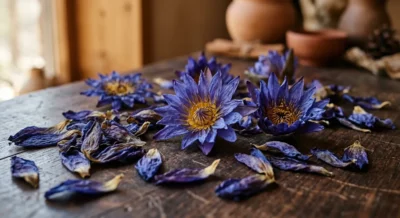 Getrocknete blaue Lotusblüten von Nymphaea caerulea auf dunklem Holz