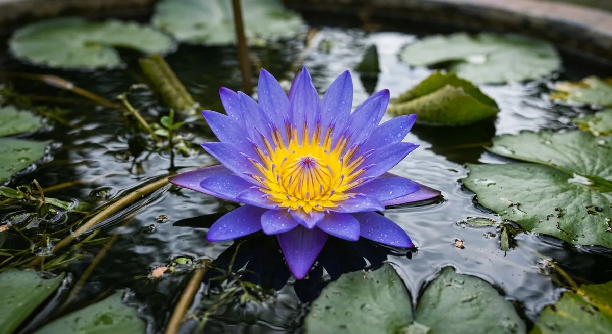 Blühende Nymphaea caerulea Wasserlilie mit blau-violetten Blütenblättern auf dunklem Wasser