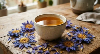 Tasse goldener Blauer Lotus Tee mit getrockneten blauvioletten Lotusblüten auf Holz