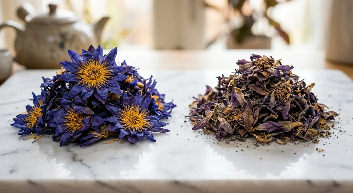 Vergleich hochwertiger blauvioletter und minderwertiger bräunlicher getrockneter Lotusblüten