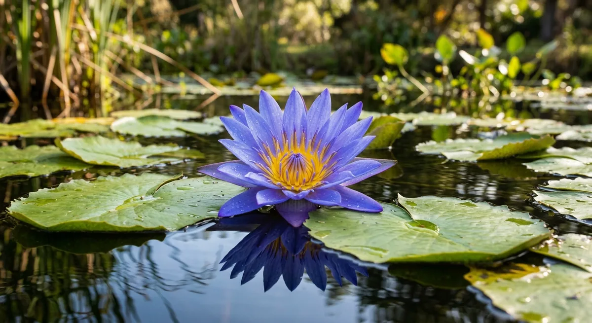 Blaue Lotusblume (Nymphaea caerulea) mit blauvioletten Blüten auf ruhigem Wasser