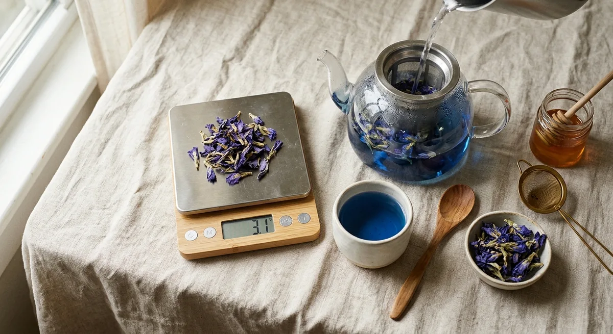 Zubereitung von Blauem Lotus Tee: Waage, Teesieb, Kanne und Tasse im Flat-Lay