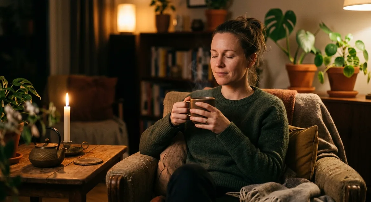 Person sitzt entspannt mit dampfender Teetasse in warmem Kerzenlicht, Augen geschlossen, ruhige Abendatmosphaere