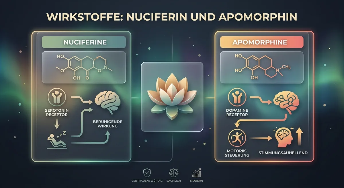 Illustration zweier Wirkpfade: Serotonin-Rezeptor links und Dopamin-Rezeptor rechts, verbunden durch Lotusblumen-Motiv