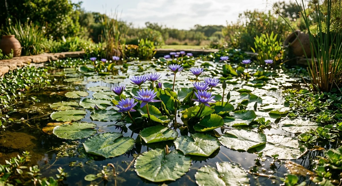 Nymphaea caerulea Seerosen mit blauen Bluetenkelchen wachsen in einem flachen Teich im Morgensonnenlicht
