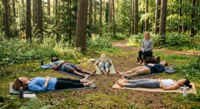 Gruppe von Erwachsenen liegt auf Yogamatten in einem Waldlichtung-Retreat und praktiziert Atemübungen