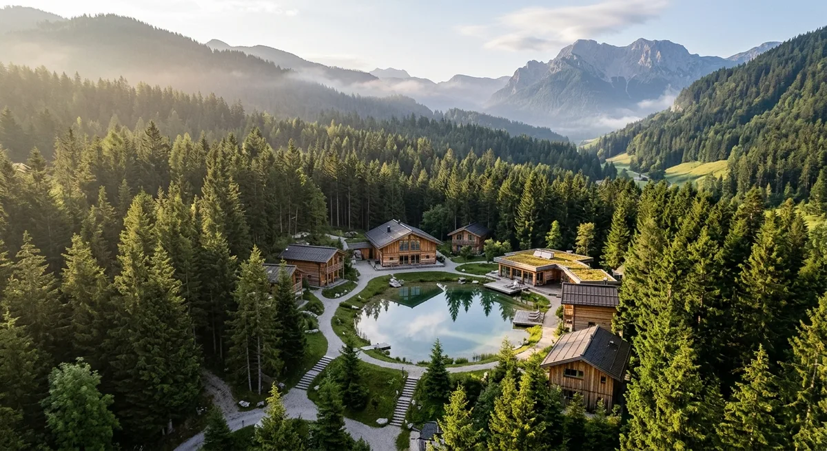 Kleines Seminarzentrum aus Holz inmitten eines dichten Bergwalds, umgeben von Fichten und einem Naturteich