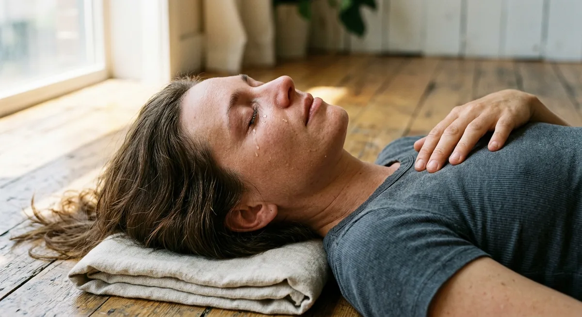 Frau liegt entspannt mit geschlossenen Augen auf dem Boden, Hand auf der Brust, Gesicht in tiefer Ruhe