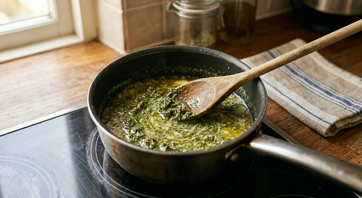 Kleiner Topf mit goldgelber geschmolzener Butter und grünem Pflanzenmaterial wird bei niedriger Hitze umgerührt