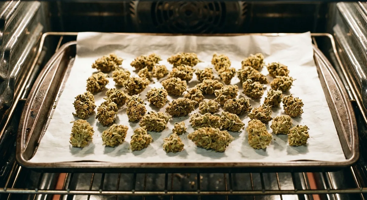 Gleichmäßig auf Backpapier verteilte Cannabisblüten in goldbräunlicher Farbe auf dem Ofenblech