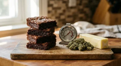 Frisch gebackene Brownies auf Holzbrett neben Ofenthermometer, Cannabisblüten und Butter