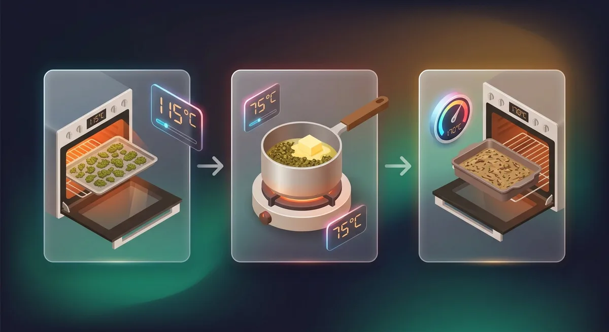 Dreistufiger Prozess: Blüten im Ofen, Cannabis in schmelzender Butter, Brownie-Form im Backofen