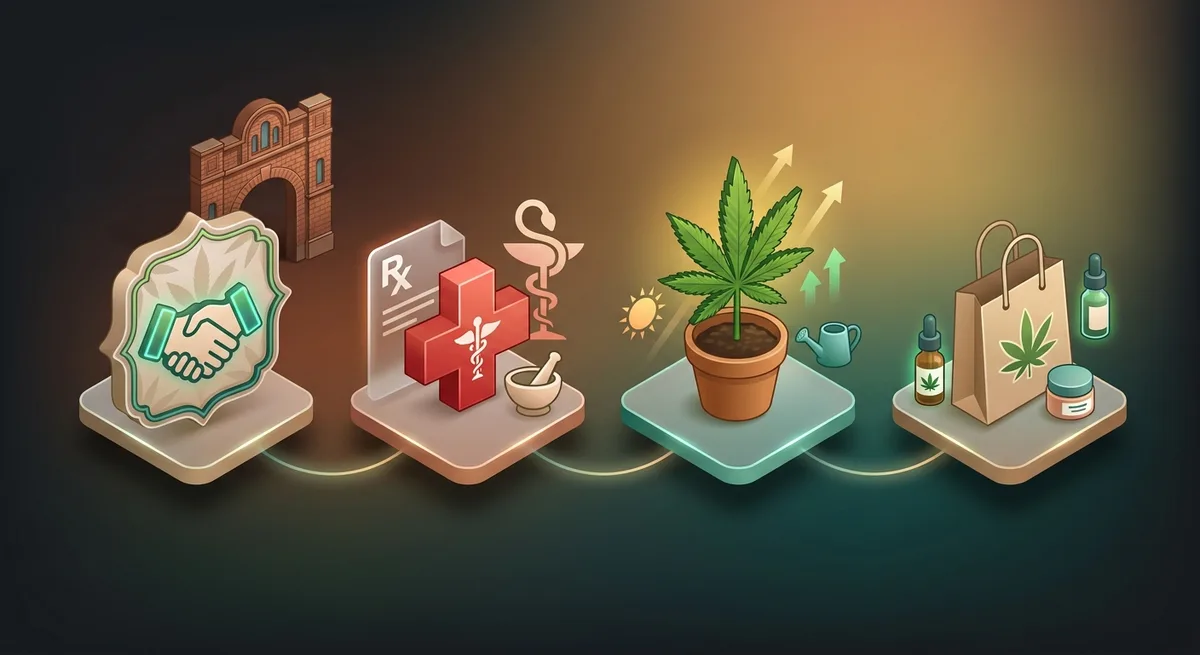 Vier Symbole für legale Cannabis-Bezugswege: Social Club, Rezept, Eigenanbau und CBD-Produkte