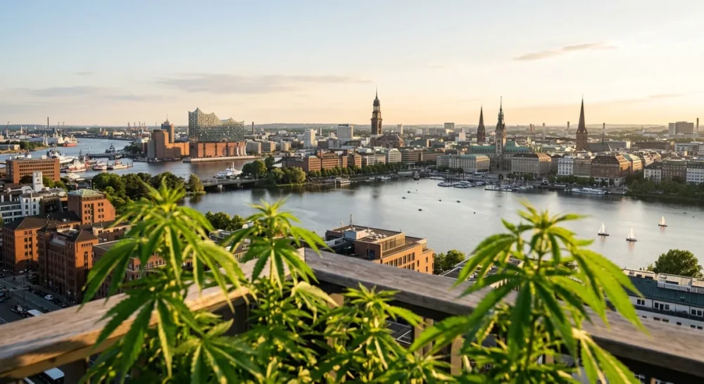 Hamburger Skyline mit Elbphilharmonie und grünen Hanfblättern im Vordergrund