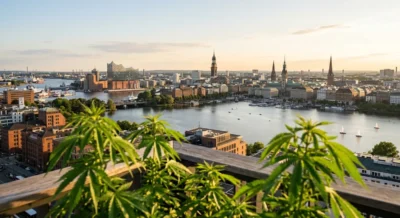 Hamburger Skyline mit Elbphilharmonie und grünen Hanfblättern im Vordergrund