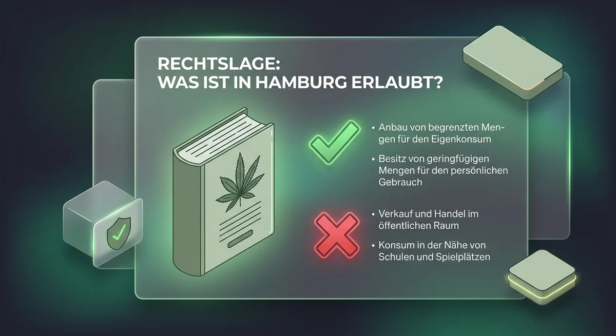 Illustration eines Gesetzbuchs mit Cannabis-Symbol, Häkchen und Kreuz für erlaubte und verbotene Handlungen