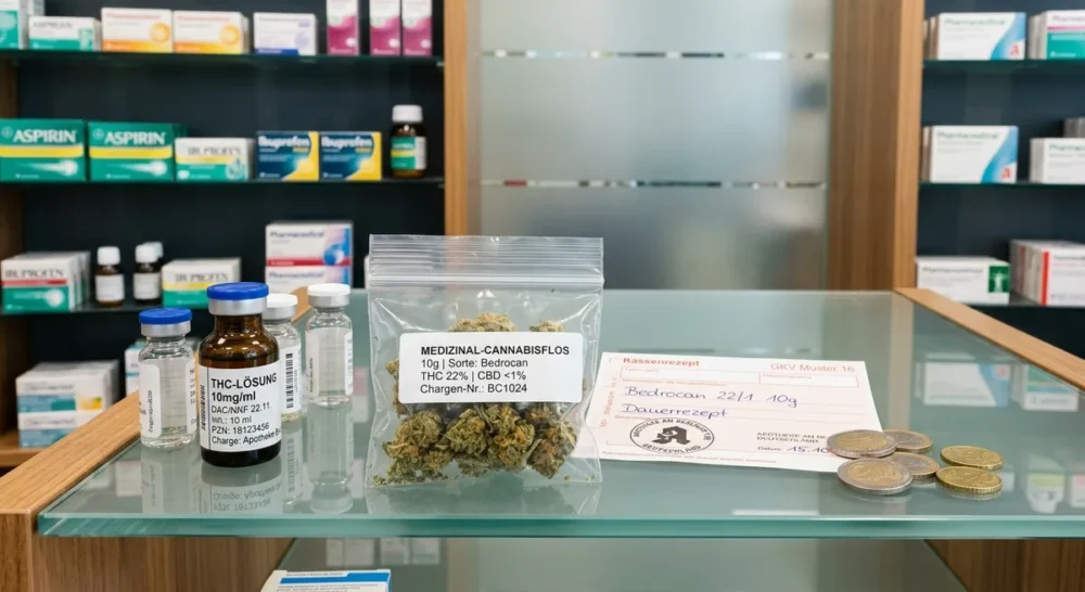 Cannabisblüten in Apothekentüte neben Rezept und Euro-Münzen auf Apothekentresen