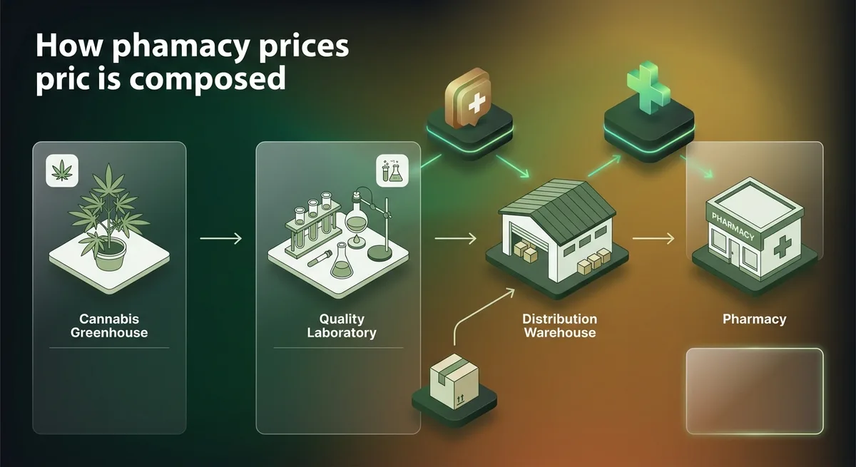 Illustration der Cannabis-Lieferkette: Anbau, Laborkontrolle, Großhandel und Apotheke als Stationen
