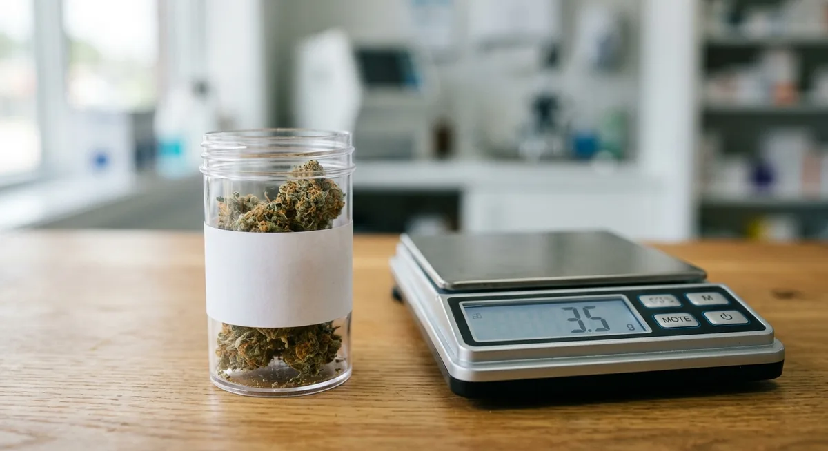 Medizinische Cannabisblüten in verschlossenem Apothekenbehälter auf Waage mit Grammangabe