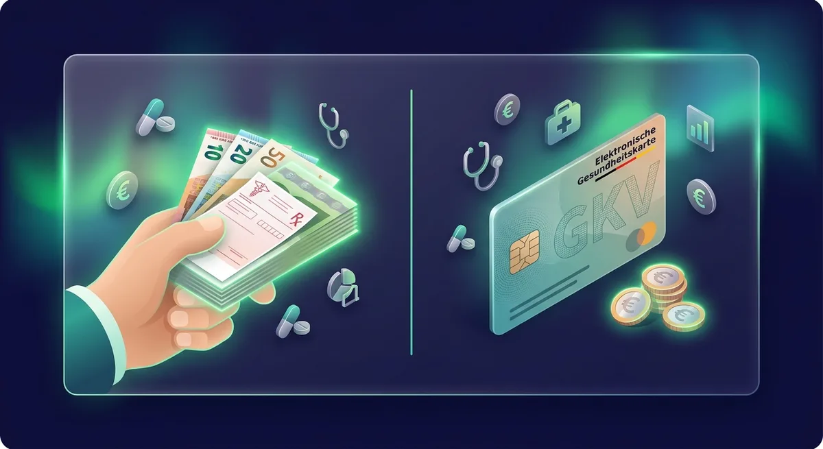 Gegenüberstellung: Hand mit Geldscheinen für Privatrezept links, Krankenkassenkarte mit Münze für Zuzahlung rechts