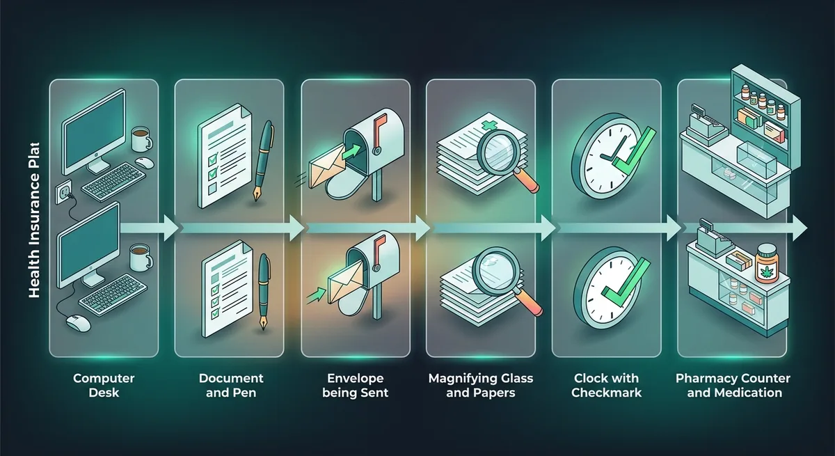 Schrittweise Illustration des Antragsprozesses von Arztgespräch bis zur Rezepteinlösung in der Apotheke