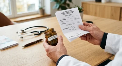 Arzt hält Rezeptformular neben Glas mit medizinischem Cannabis auf Schreibtisch