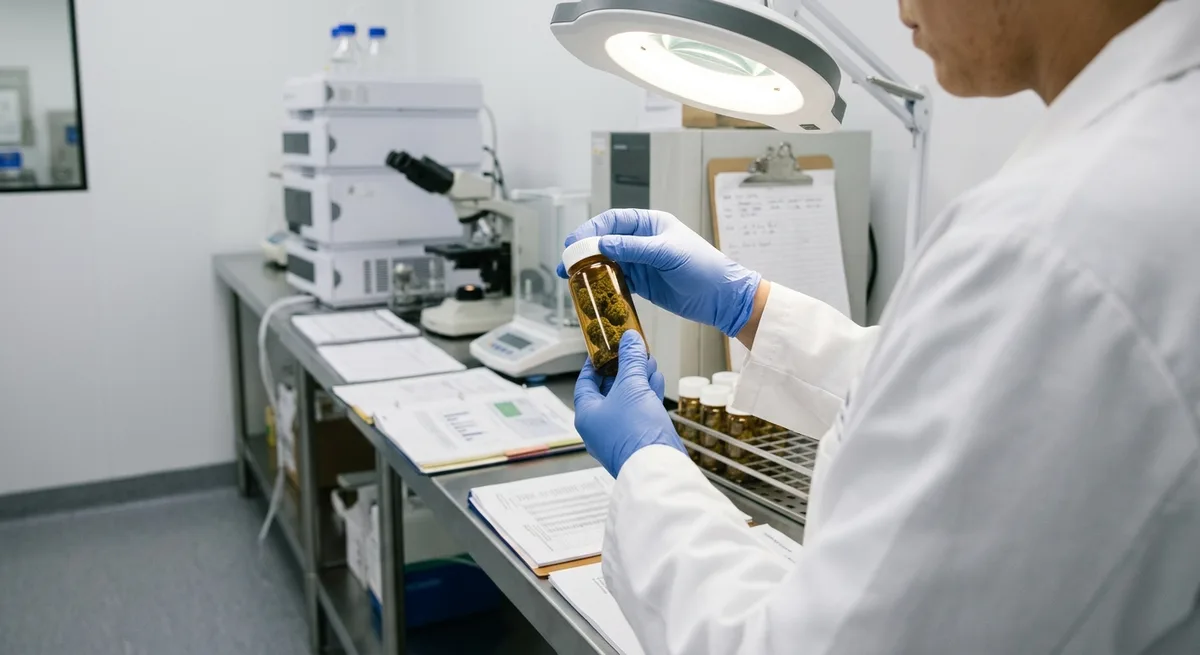 Laborant in weißem Kittel hält versiegelte Glasampulle mit Cannabis-Blüten unter Laborbedingungen