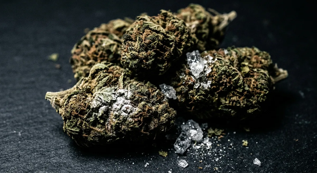 Nahaufnahme von Cannabis-Blüten unter Streiflicht mit sichtbaren Fremdpartikeln auf dunklem Untergrund