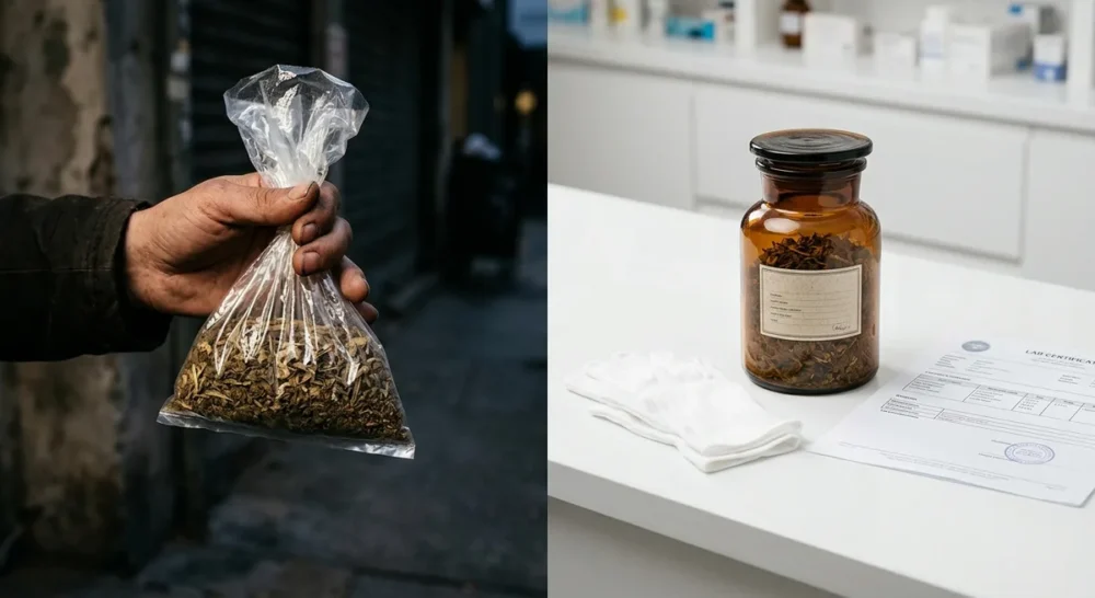 Hand mit unmarkiertem Tütchen auf dunkler Straße neben sauberem Apothekentisch mit beschriftetem Glas