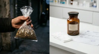 Hand mit unmarkiertem Tütchen auf dunkler Straße neben sauberem Apothekentisch mit beschriftetem Glas