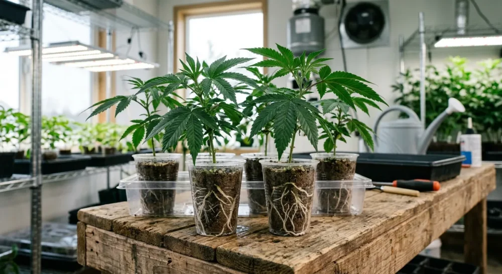 Gesunde Cannabis-Stecklinge mit weißen Wurzelspitzen in kleinen Anzuchttöpfen auf einem Holztisch